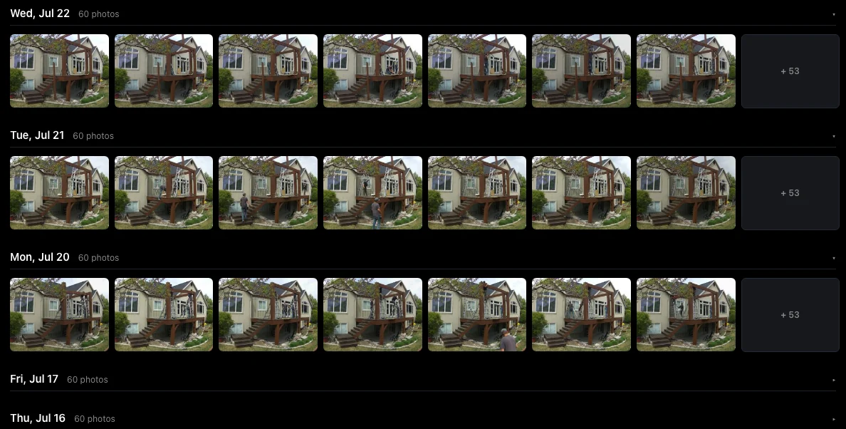 Uploaded photos grouped into dated capture days, each row showing that day's frames and count