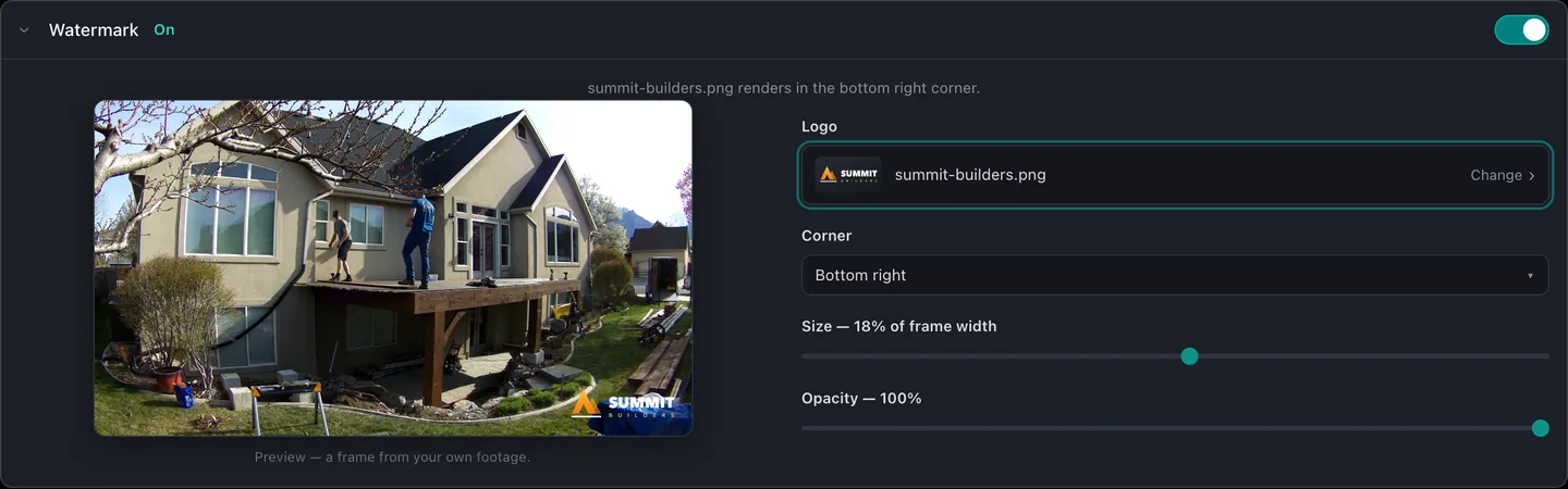 Tweedia's watermark settings card: a custom logo overlaid on a real frame of the user's footage, with logo, corner, size, and opacity controls